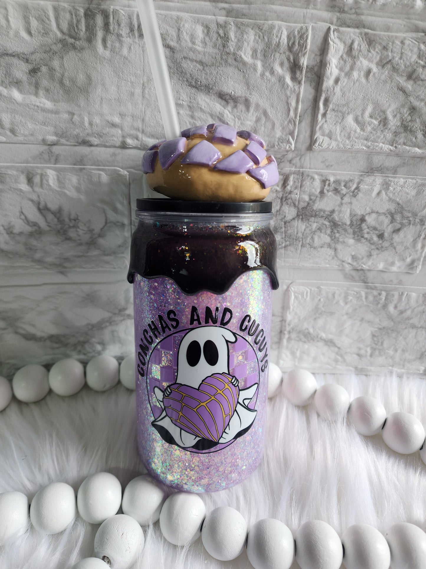 Conchas and cucuys 16oz acrylic snowglobe tumbler with concha topper